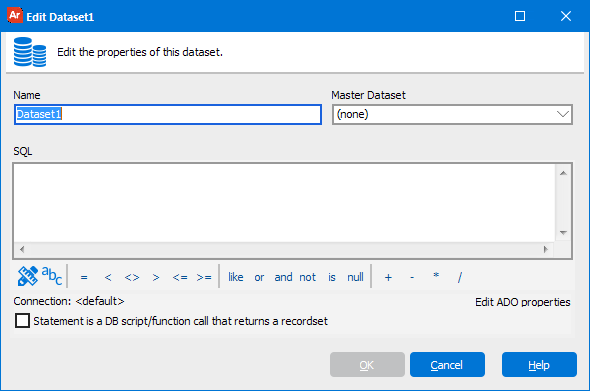 This image shows the Edit Dataset dialog where the dataset name, master dataset, and SQL are entered.  Expressions can also be created within this dialog.